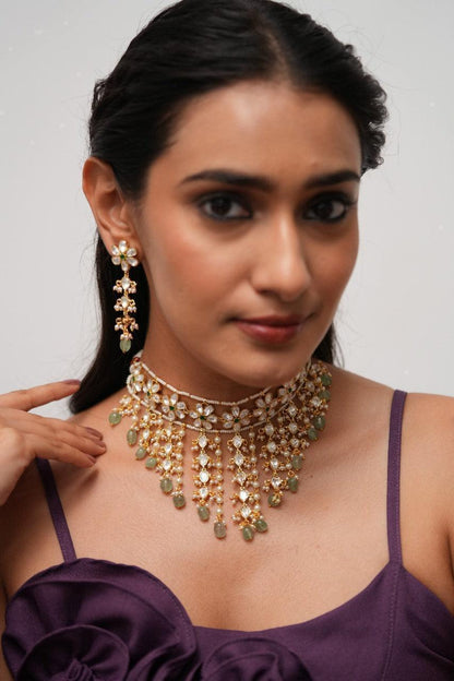Dhruti Moissanite Jhaalar Heavy Polki Gold Choker Set
