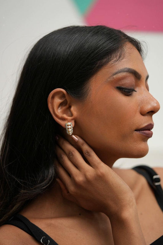 Diamond Pearl Bali Style Studs  | Gold Polish