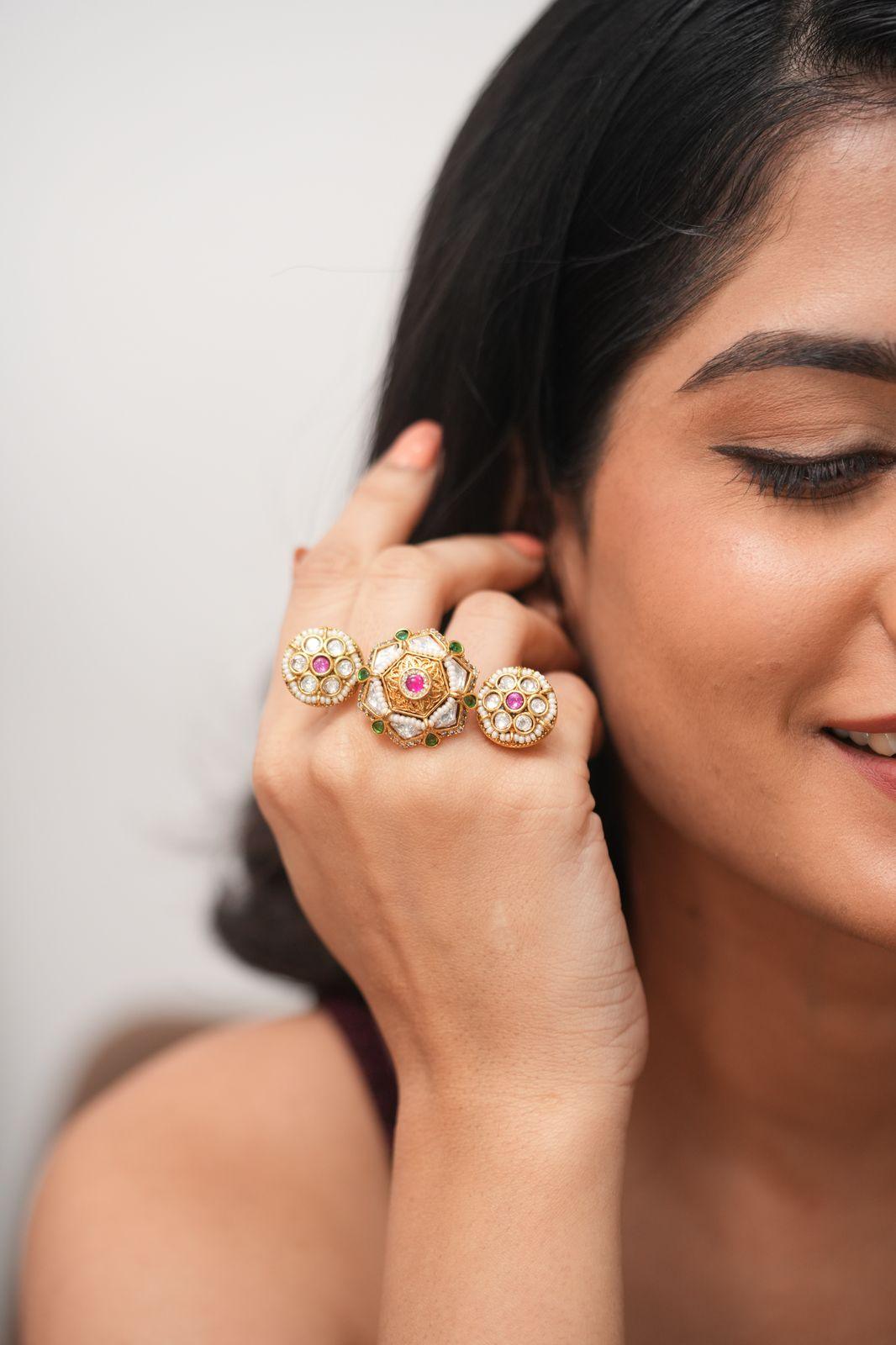 Umisha 3 Finger Polki Gold Statement Ring | Sone Pe Suhaga