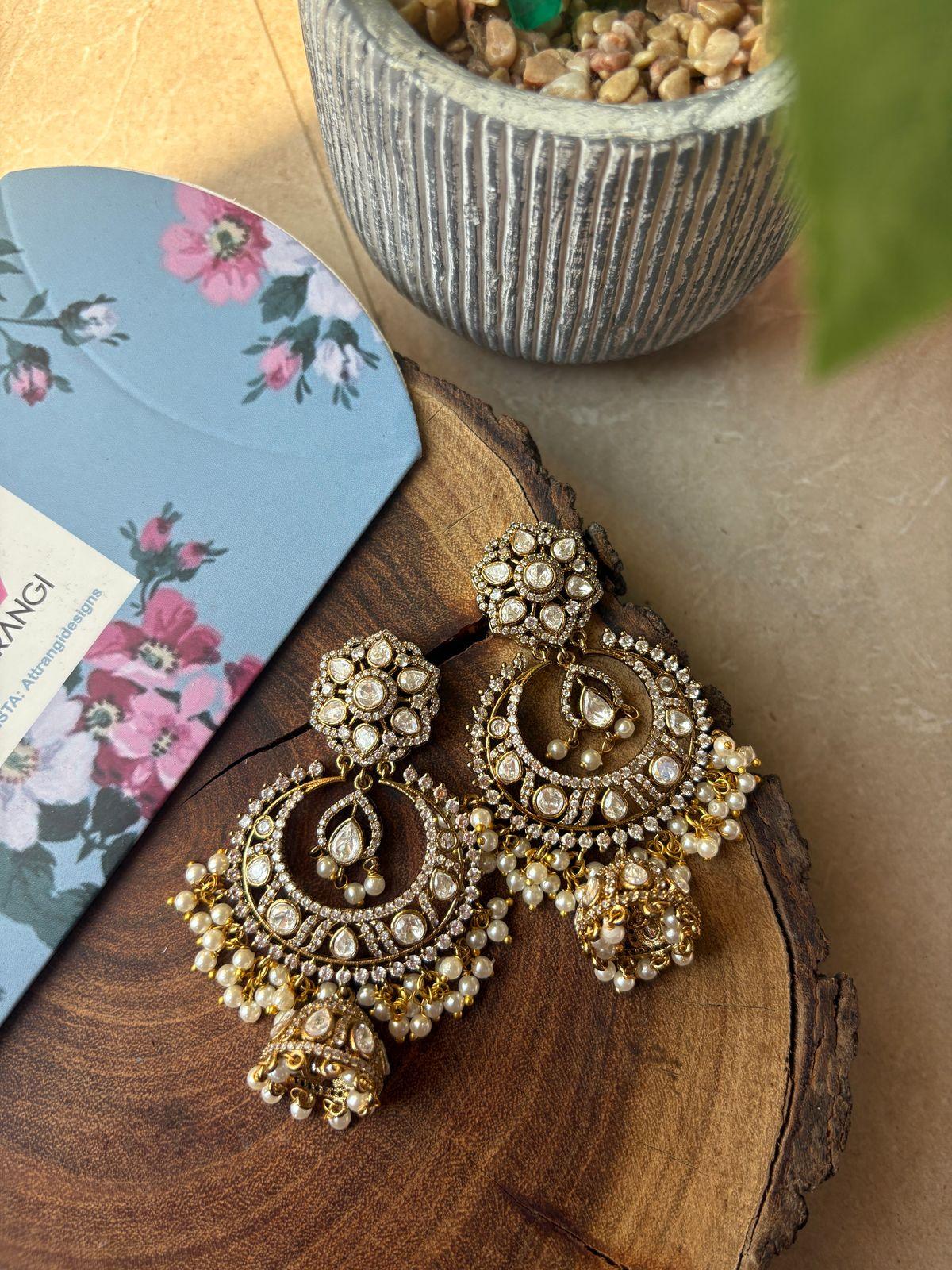 Chandfall Jhumka Moissanite Indian Earring | Antique Gold