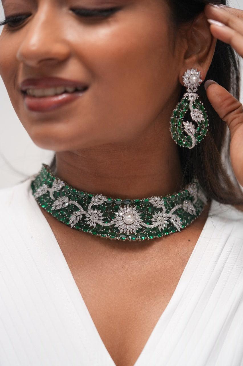 Floral Galaxy Overlay Diamond on Rose Cut Emerald Set