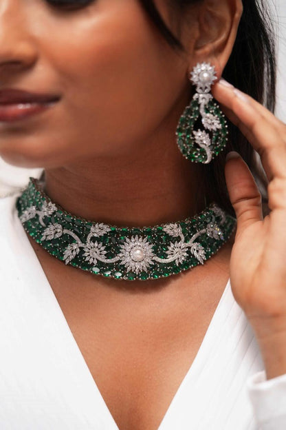 Floral Galaxy Overlay Diamond on Rose Cut Emerald Set