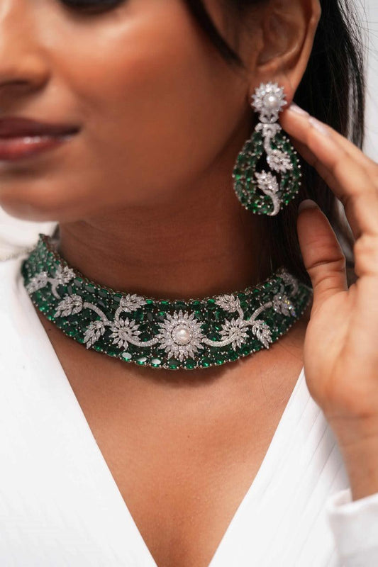 Floral Galaxy Overlay Diamond on Rose Cut Emerald Set