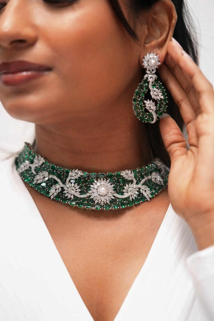 Floral Galaxy Overlay Diamond on Rose Cut Emerald Set