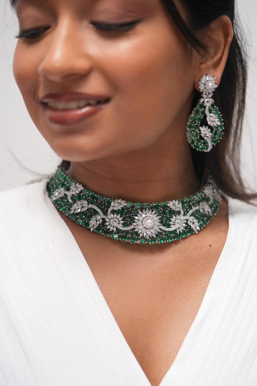 Floral Galaxy Overlay Diamond on Rose Cut Emerald Set