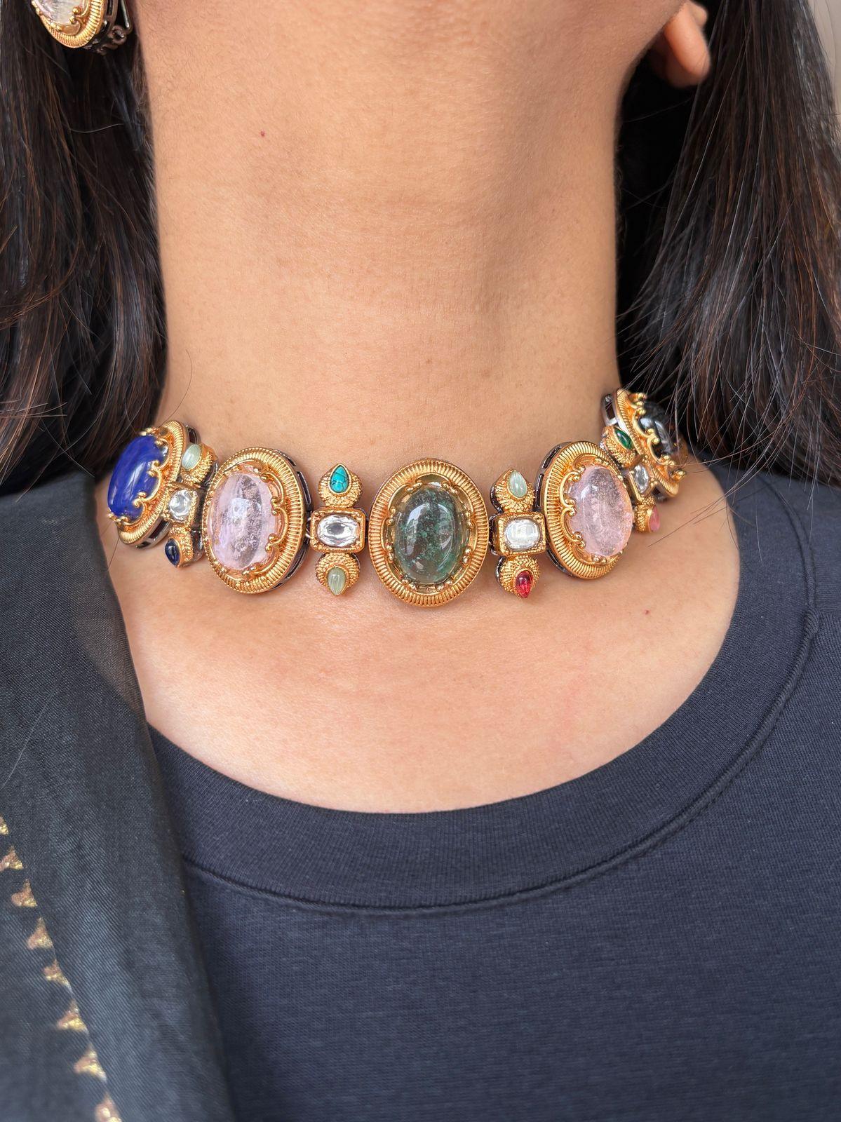 Sabhya Oval Sleek Multicoloured Choker | Necklace Set | GemZ