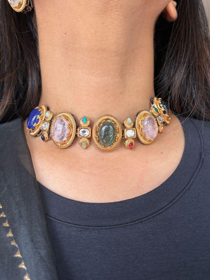 Sabhya Oval Sleek Multicoloured Choker | Necklace Set | GemZ