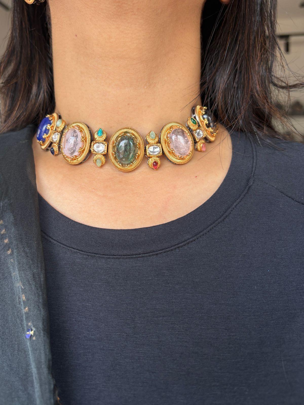 Sabhya Oval Sleek Multicoloured Choker | Necklace Set | GemZ