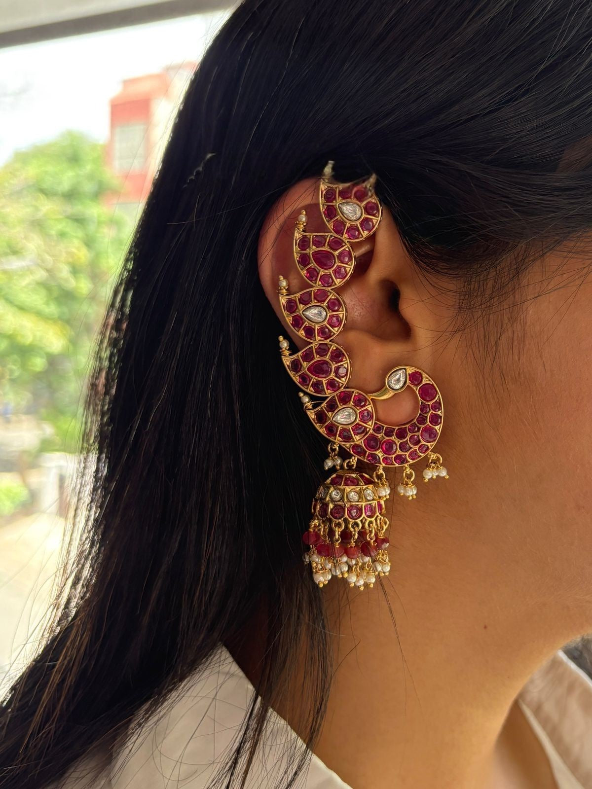 Morni Peacock Earcuff Polki Indian Earrings