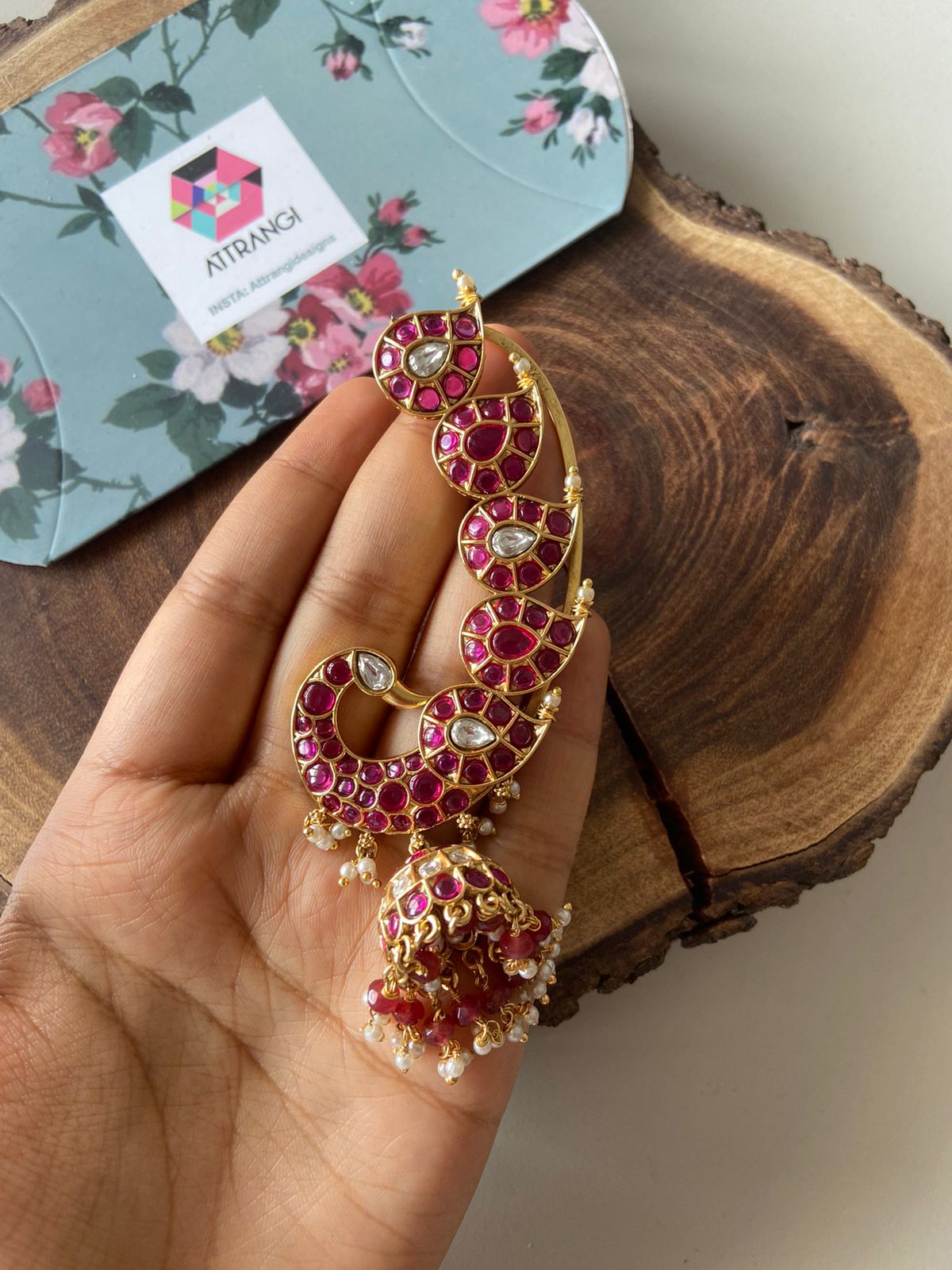 Morni Peacock Earcuff Polki Indian Earrings