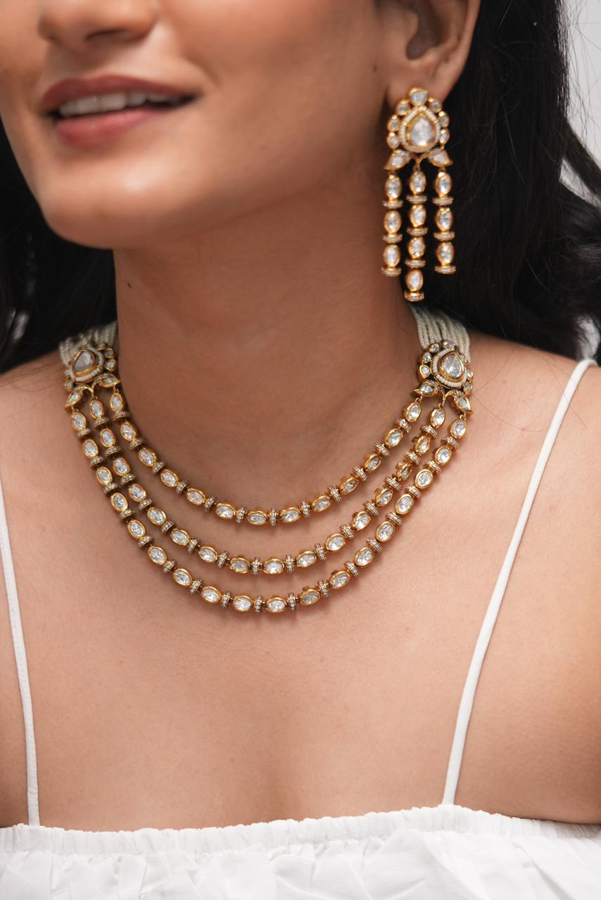 Srilekha 3 Layer Moissanite Polki Necklace Set