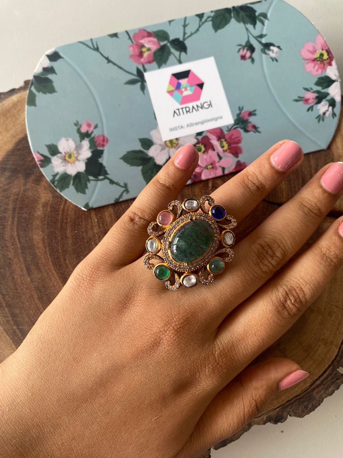 Oval Sabhya Multicolour Gemstone Indo Western Ring| GemZ