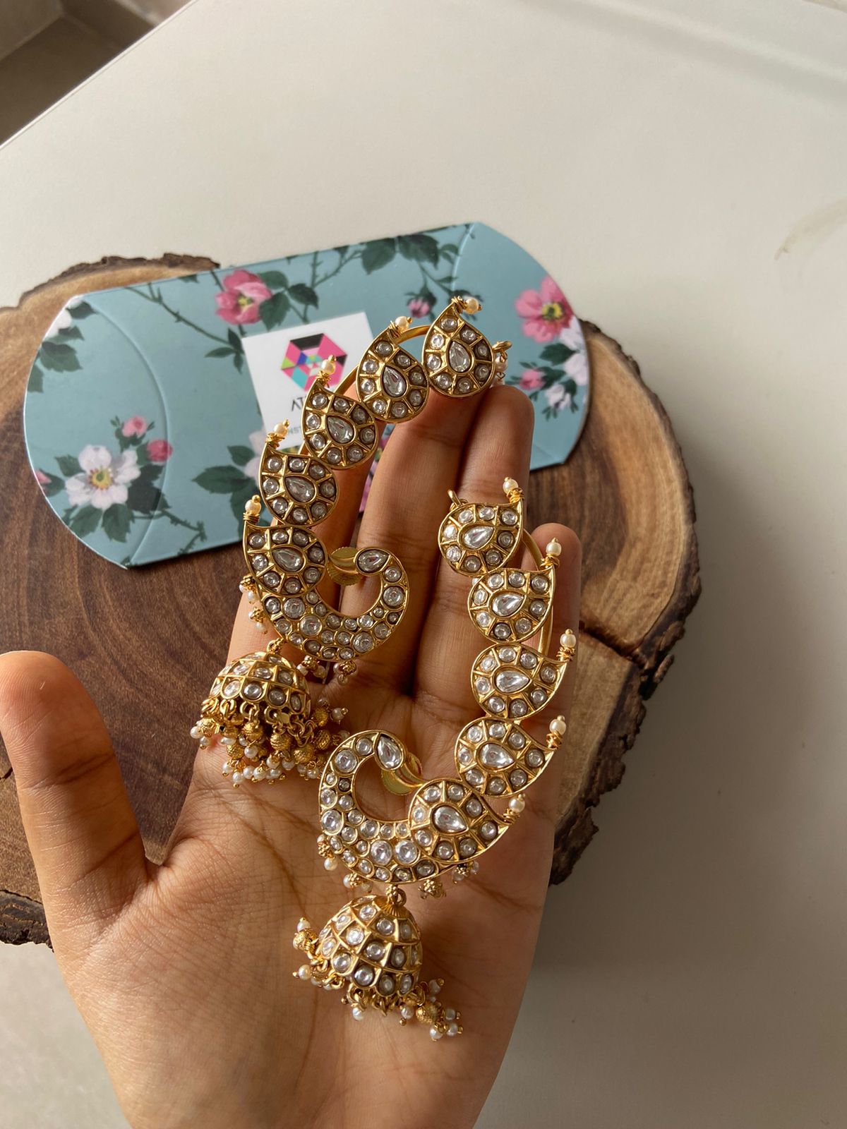 Morni Peacock Earcuff Polki Indian Earrings