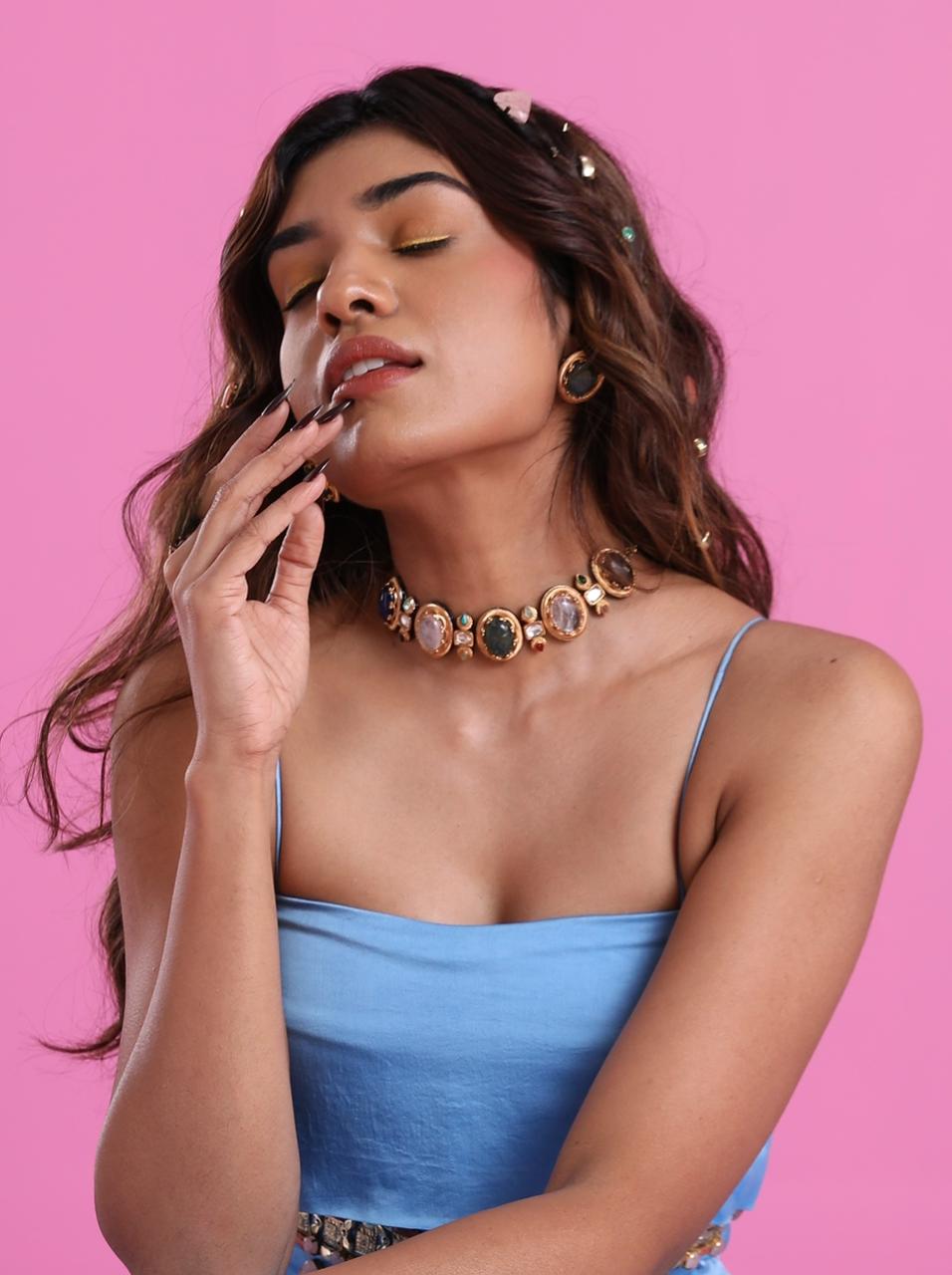 Sabhya Oval Sleek Multicoloured Choker | Necklace Set | GemZ