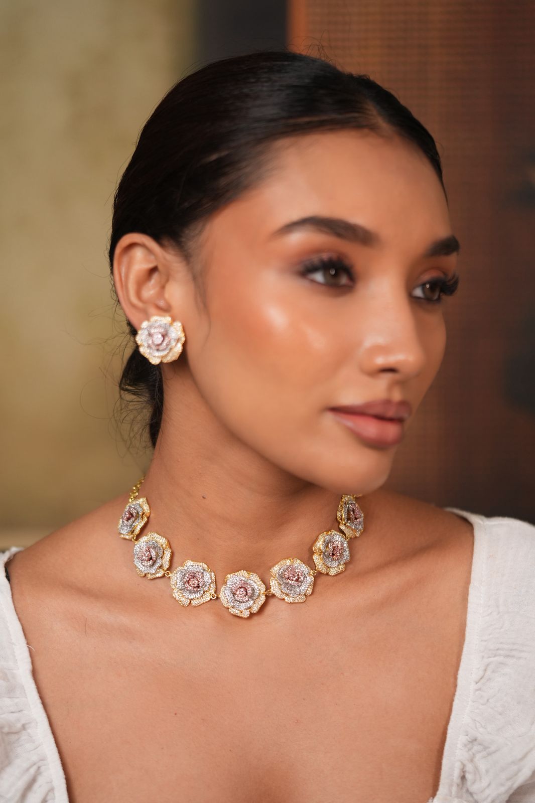 Tri Polish Rose Diamond Choker | Necklace Set