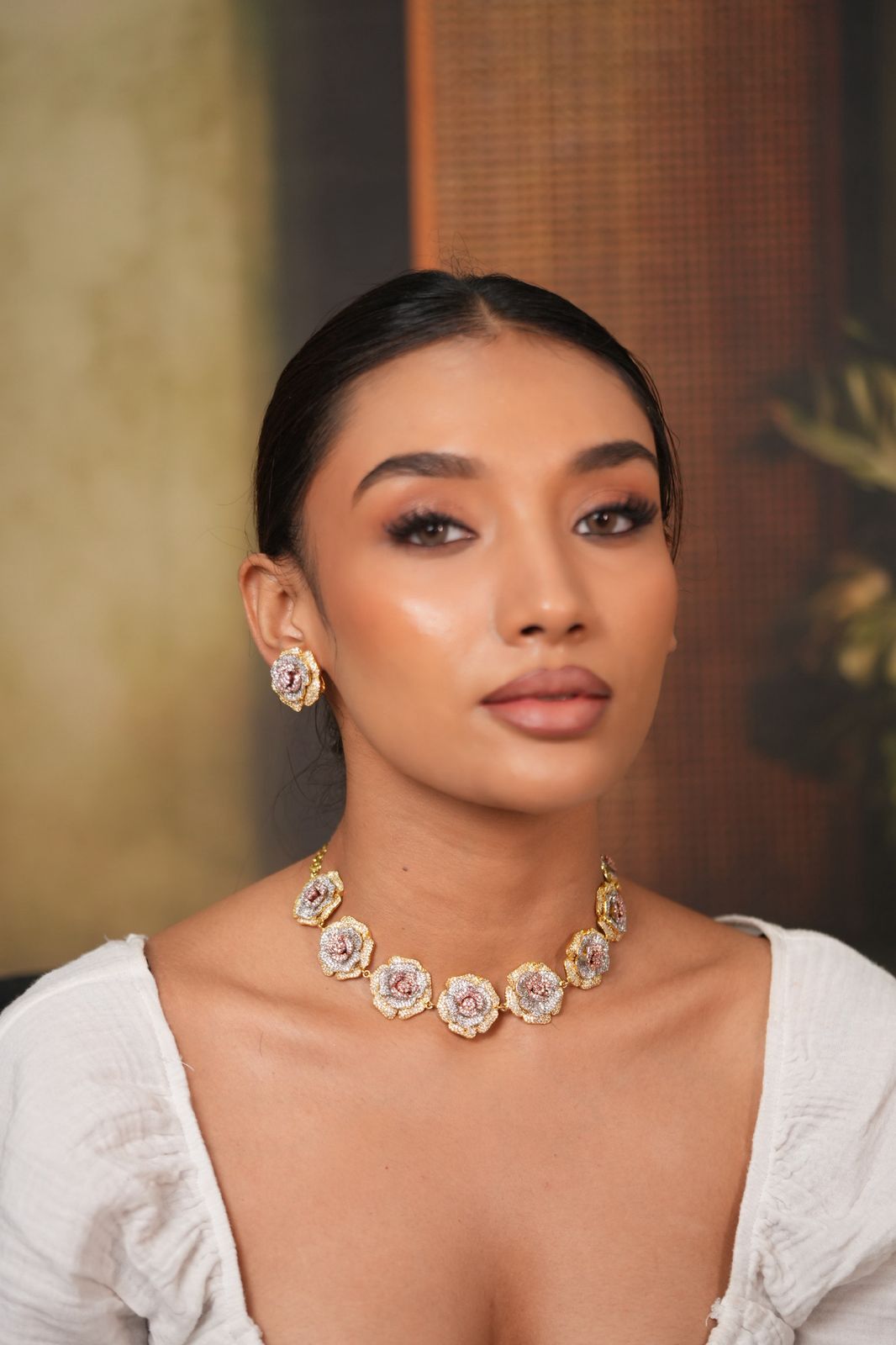 Tri Polish Rose Diamond Choker | Necklace Set