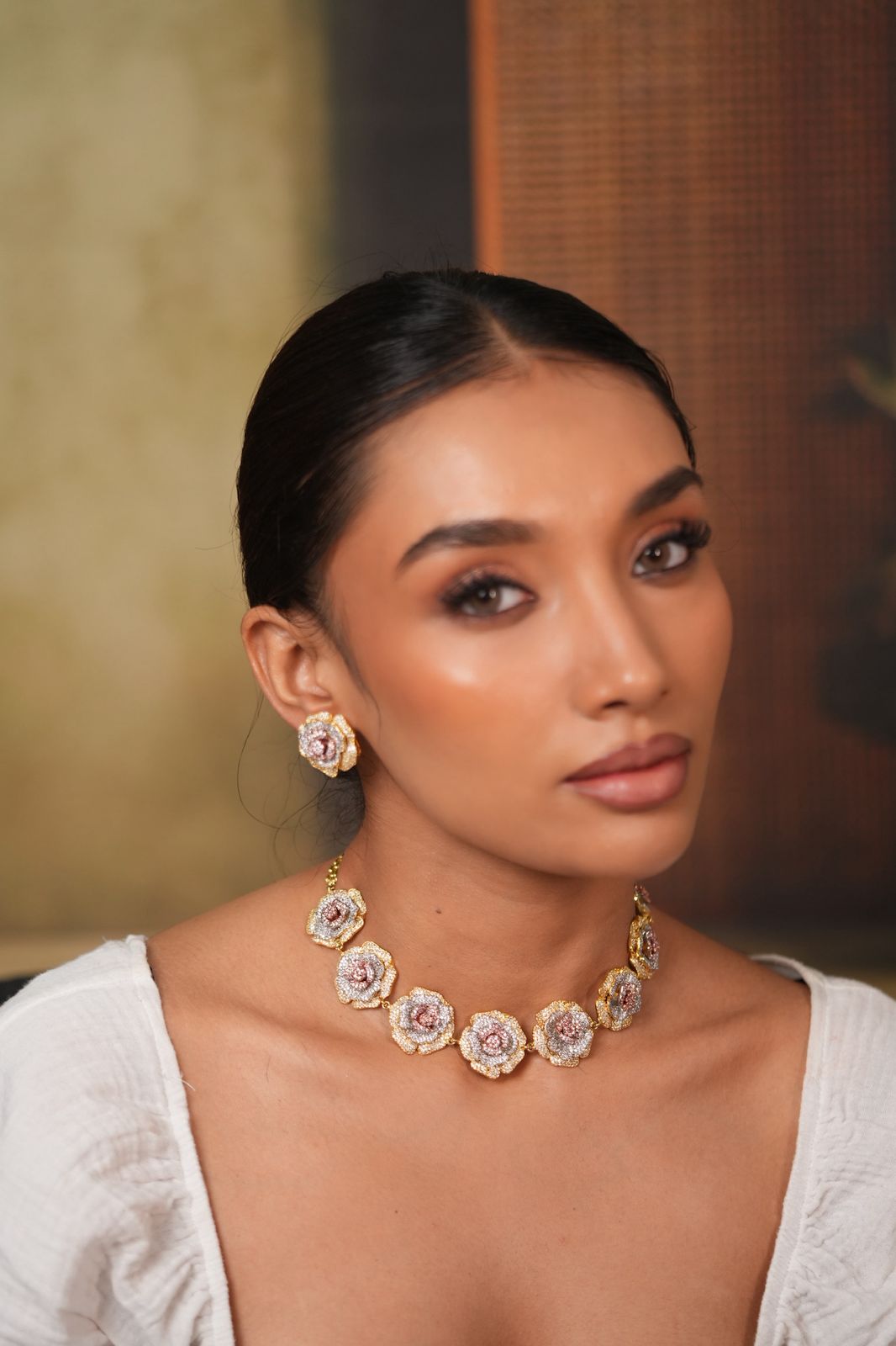 Tri Polish Rose Diamond Choker | Necklace Set
