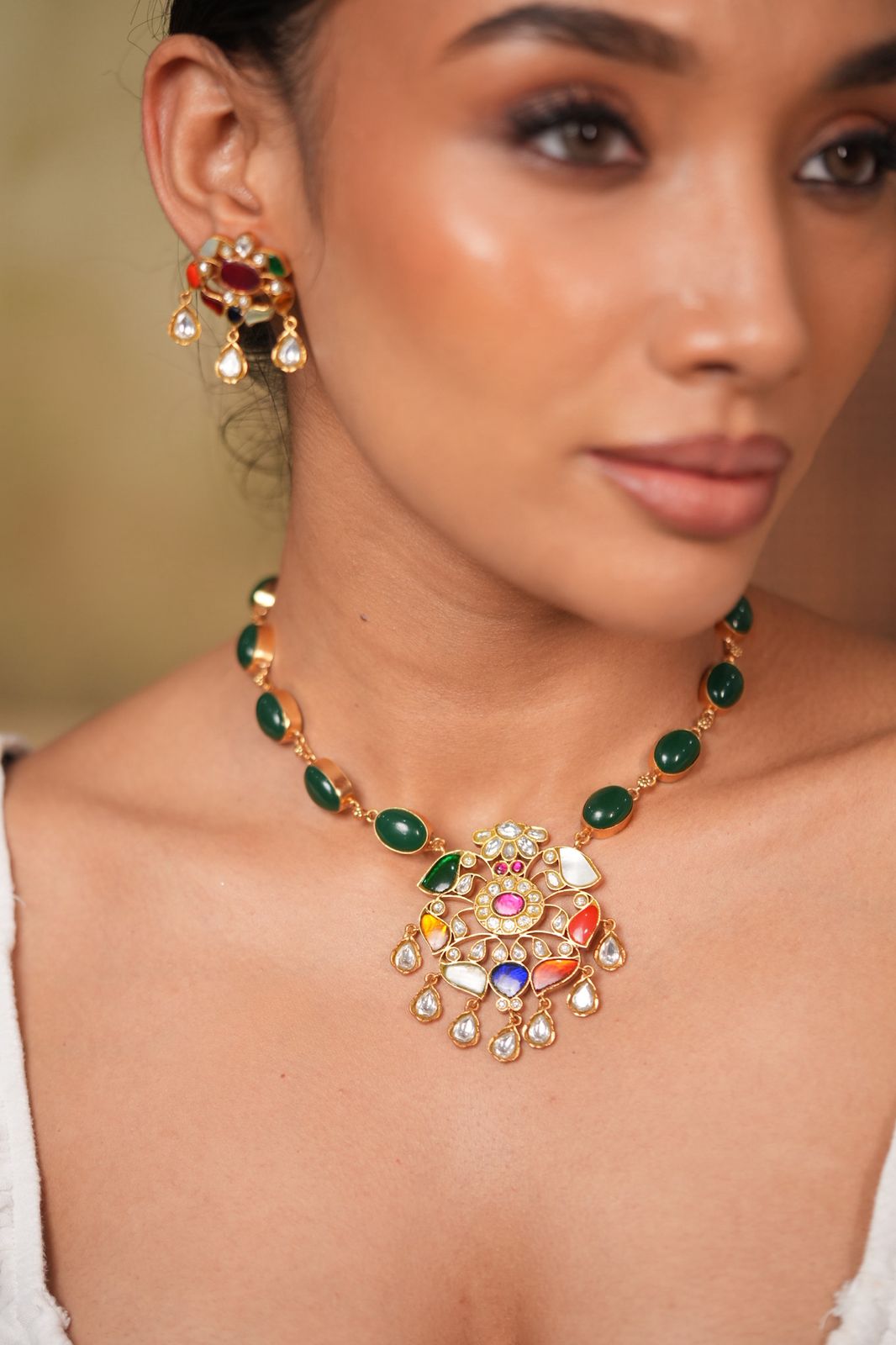 Navratna Midline Necklace Big Indian Pendant Set with Studs