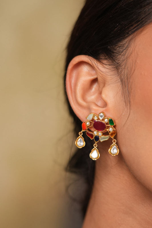 Navratna Midline Necklace Big Indian Pendant Set with Studs