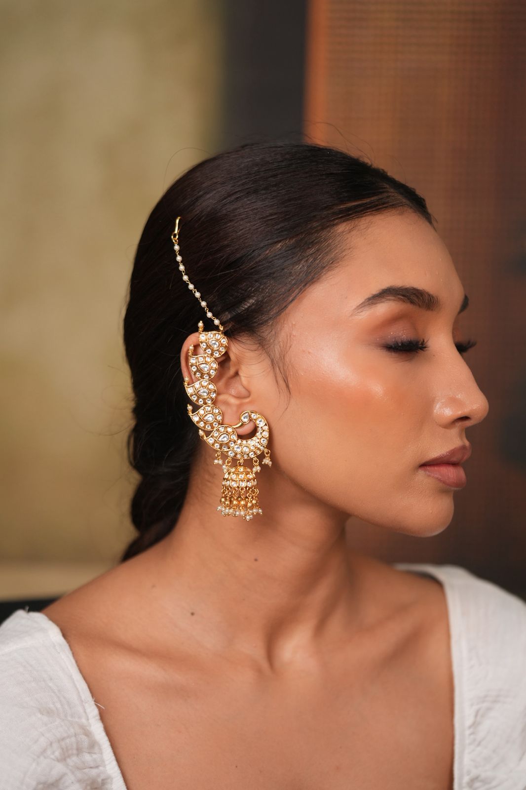 Morni Peacock Earcuff Polki Indian Earrings