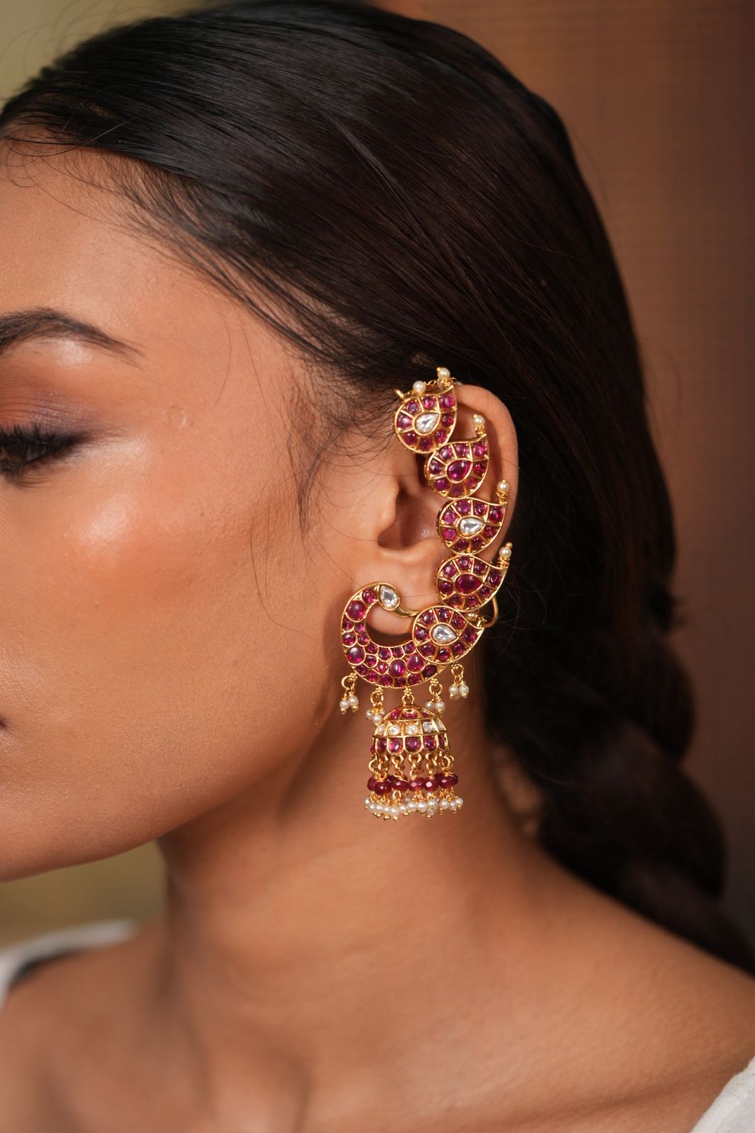 Morni Peacock Earcuff Polki Indian Earrings