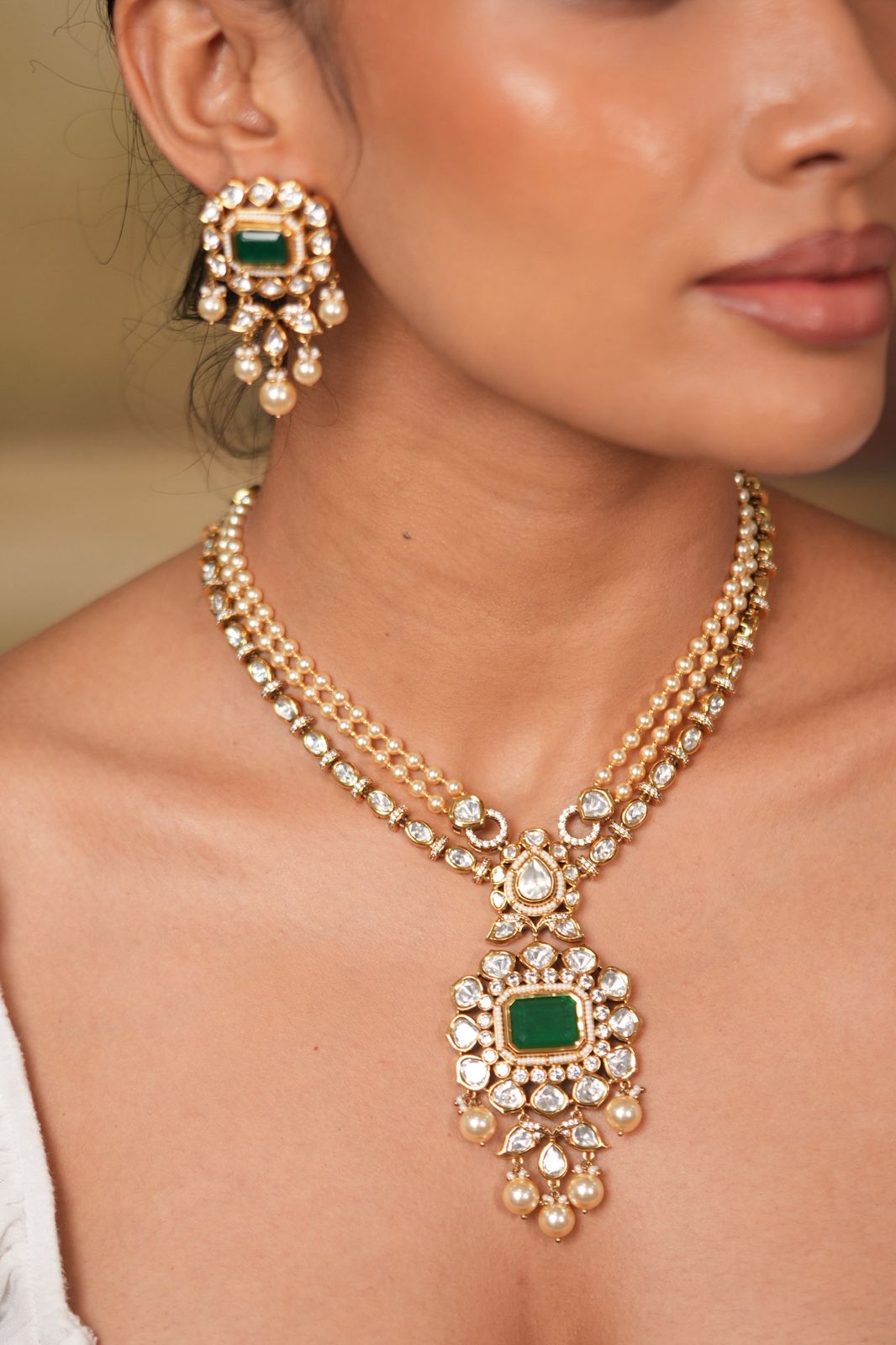 Pearly Shanaya Moissanite Uncut diamond Haar Polki Necklace Set