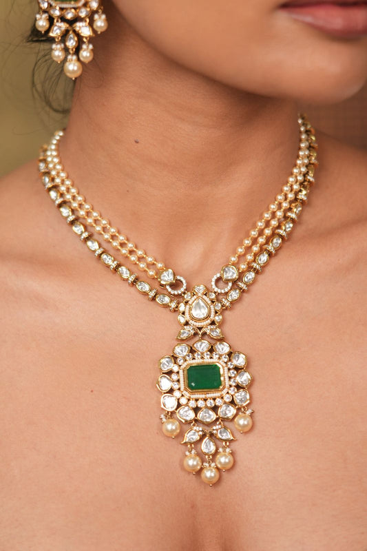Pearly Shanaya Moissanite Uncut diamond Haar Polki Necklace Set
