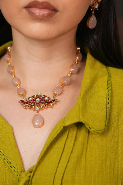 Niharika Rose Quartz Indian Necklace Set