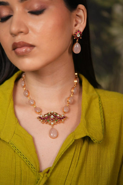 Niharika Rose Quartz Indian Necklace Set