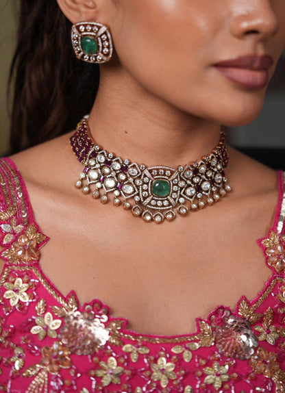 Shivani Polki Fluorite Ruby Indian Choker Set