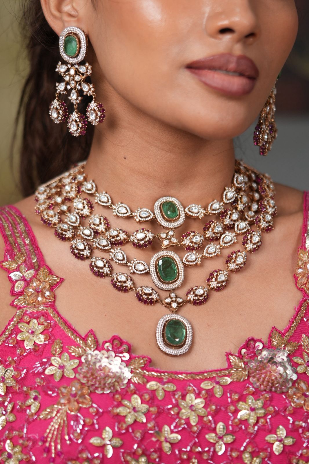 Shivani Polki Fluorite 4 Layer Necklace Set