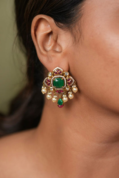 Rudra 2.0 Polki Moissanite Russian Emerad Indian Studs | Mint & Pink
