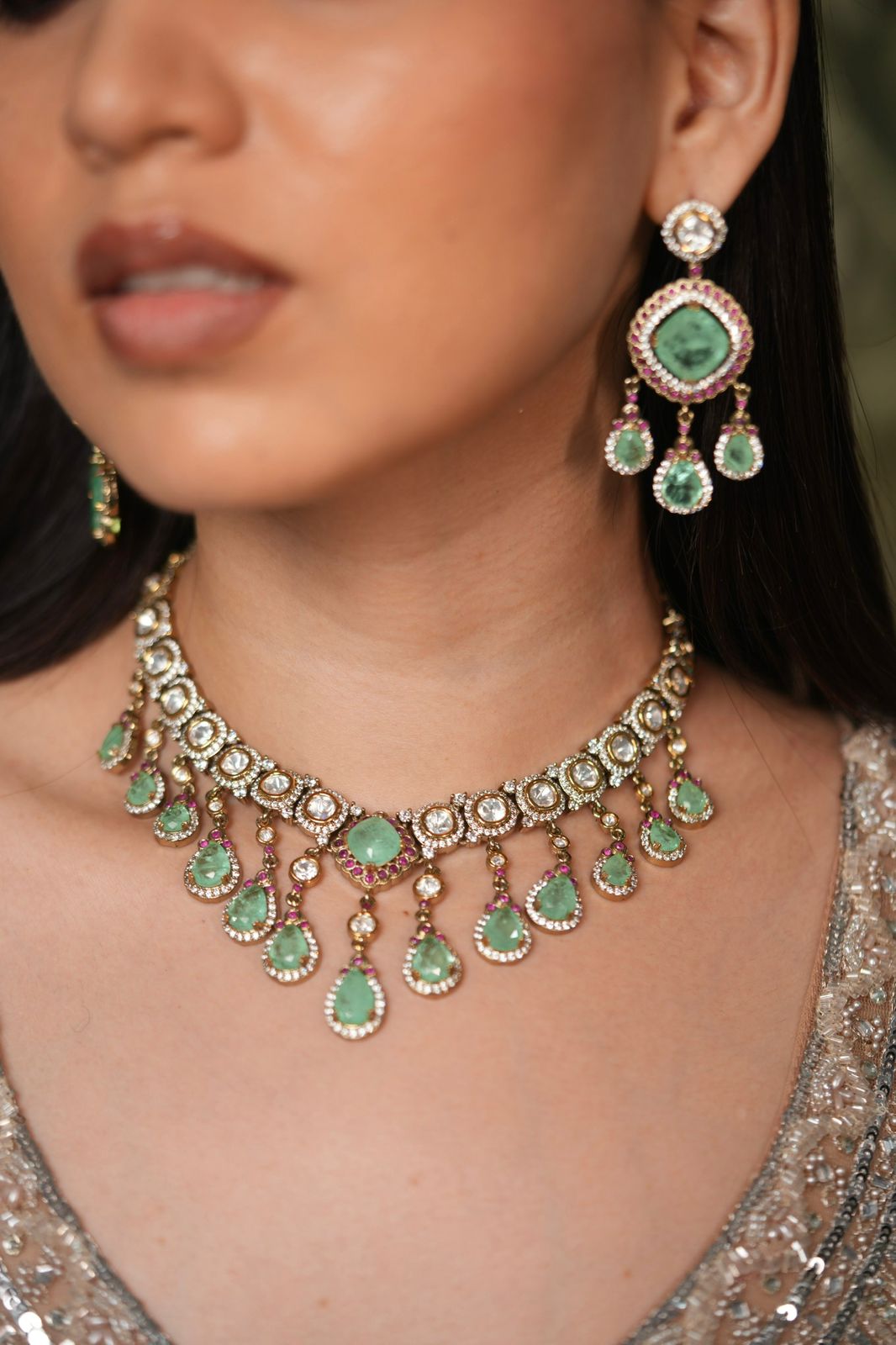 Surbhi Polki Moissanite Ruby Mint Indian Necklace Set with Tika