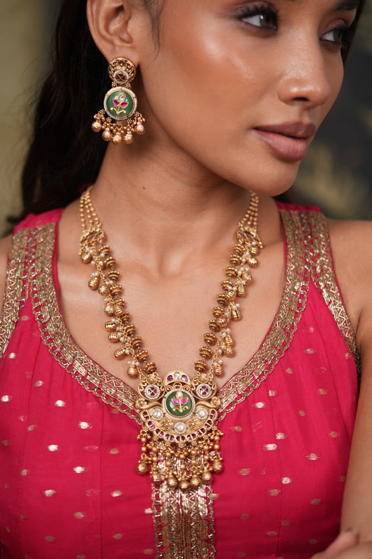 Sabarmati Gold Traditional Long Delicate Indian Necklace Set | Sone Pe Suhaga
