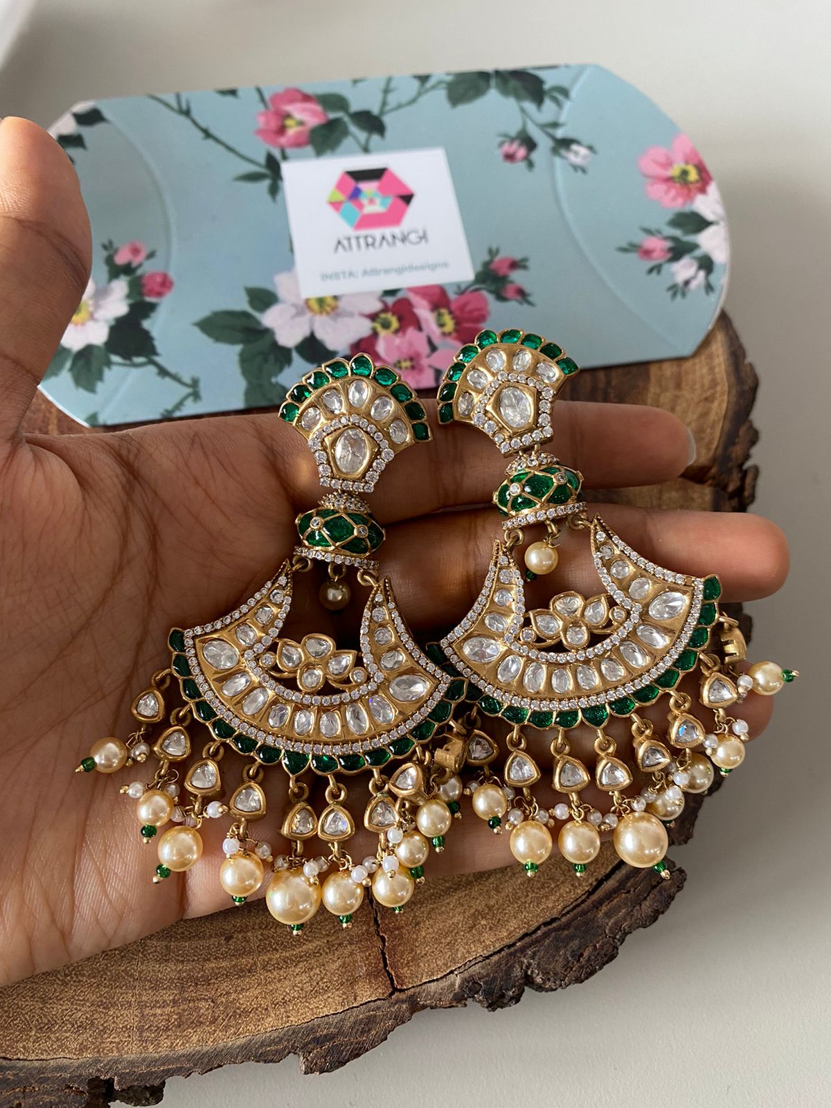 Basanti Moissanite Polki Epoxy Meenakari Chandbali Indian Earring