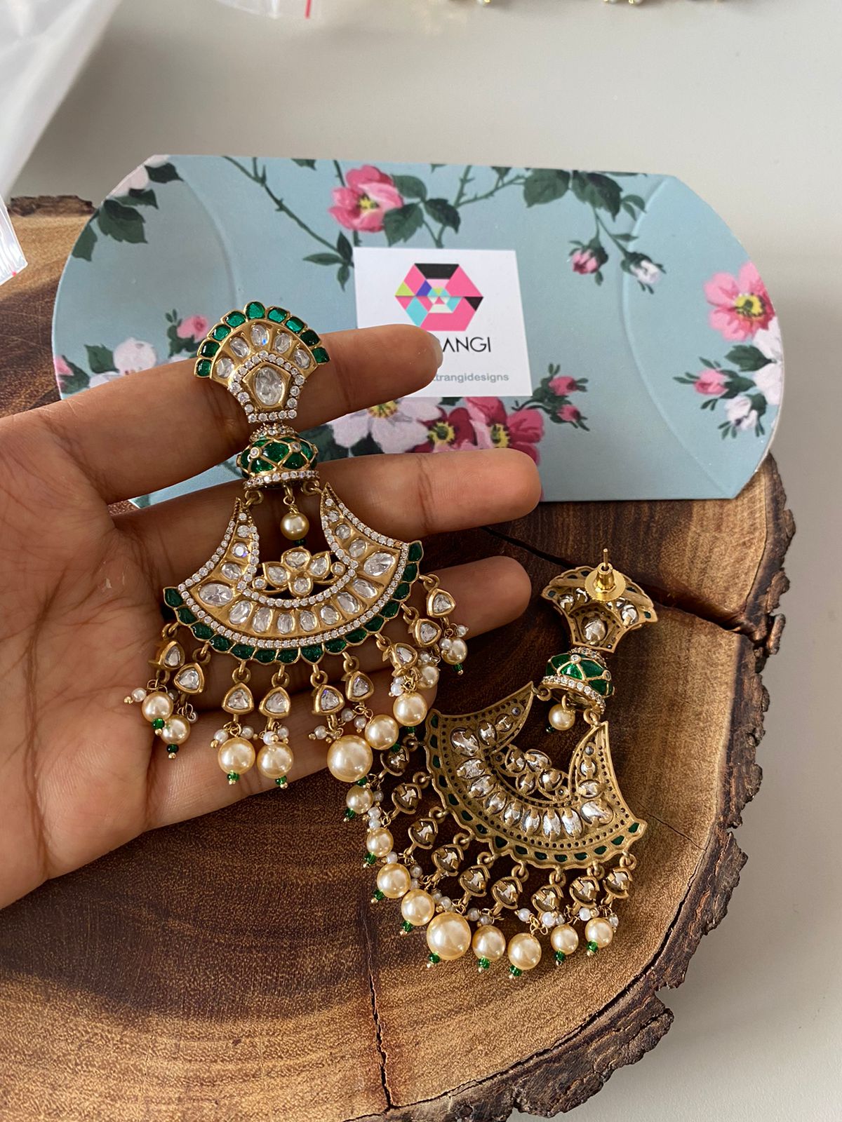 Basanti Moissanite Polki Epoxy Meenakari Chandbali Indian Earring