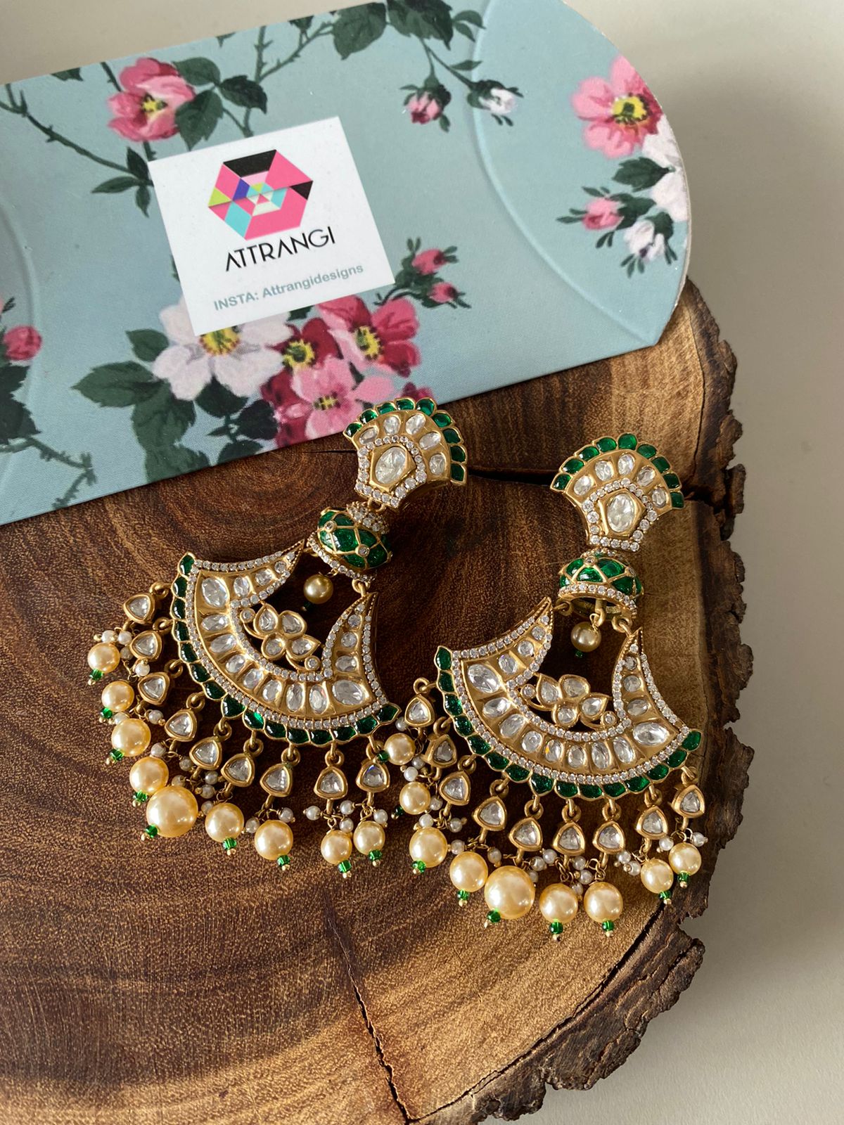 Basanti Moissanite Polki Epoxy Meenakari Chandbali Indian Earring