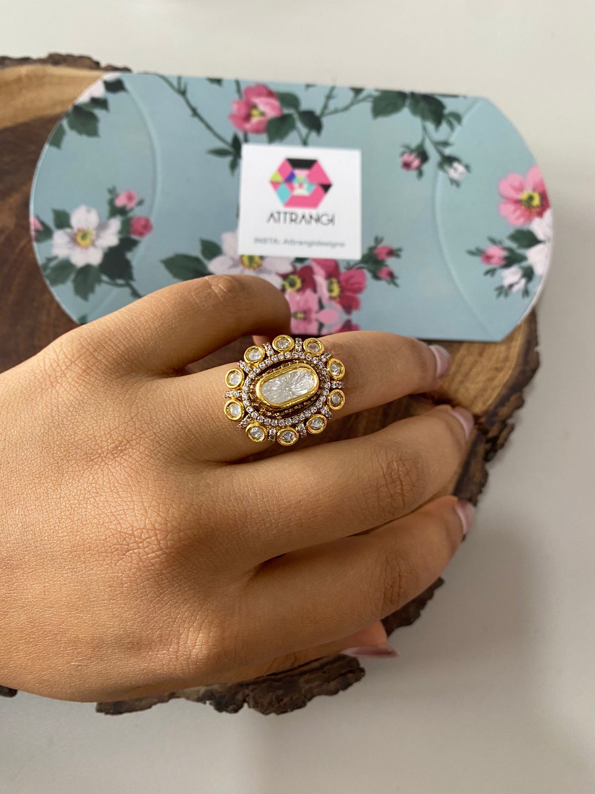 Rohini Polki Blob Coloured Halo Moissanite  Ring | Adjustable