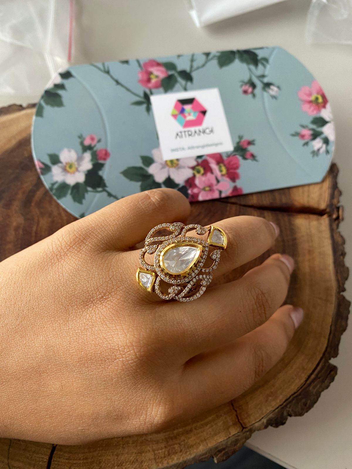 Naina Polki Moissanite Statement Uncut Diamond Ring | Adjustable