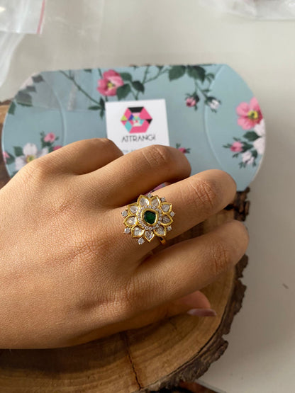 Nutan Polki Moissanite Tiny Floral Uncut Diamond Ring | Adjustable