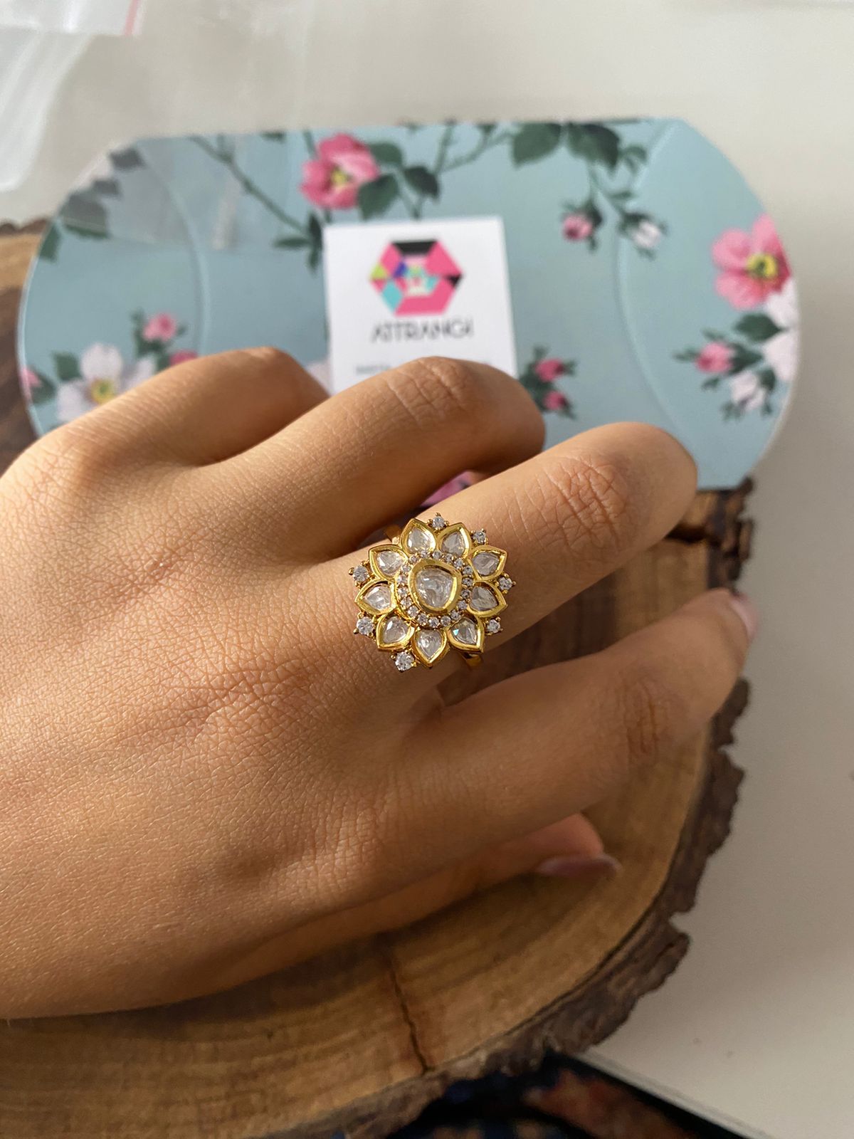 Nutan Polki Moissanite Tiny Floral Uncut Diamond Ring | Adjustable