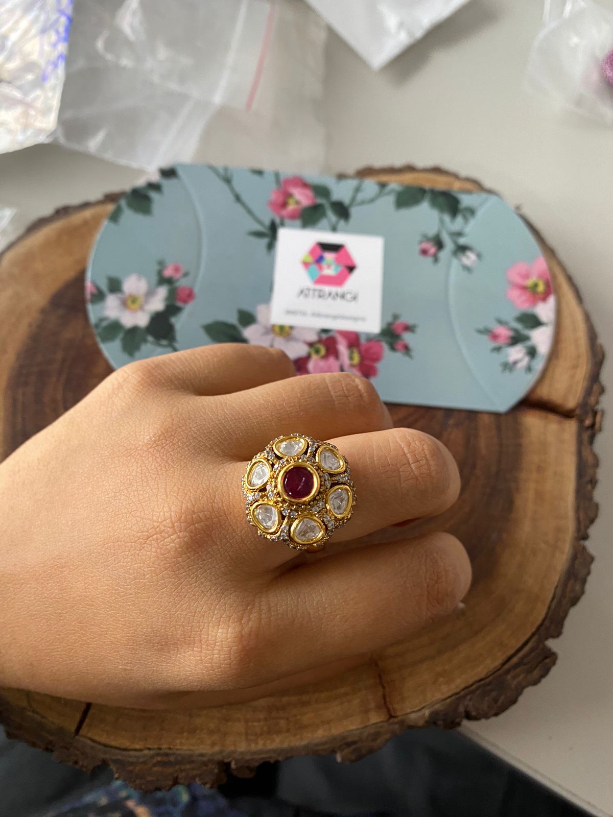 Mini Phool Polki Moissanite Uncut Diamond Ring | Adjustable