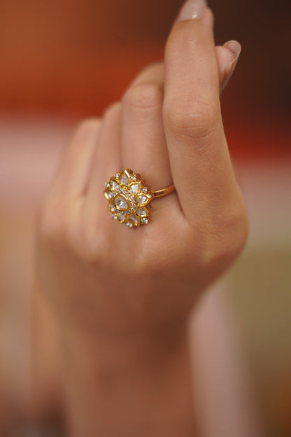 Nutan Polki Moissanite Tiny Floral Uncut Diamond Ring | Adjustable