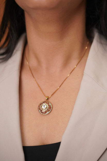 Tarla Moissanite Polki Floral Meenakari Uncut Diamond Pendant Set