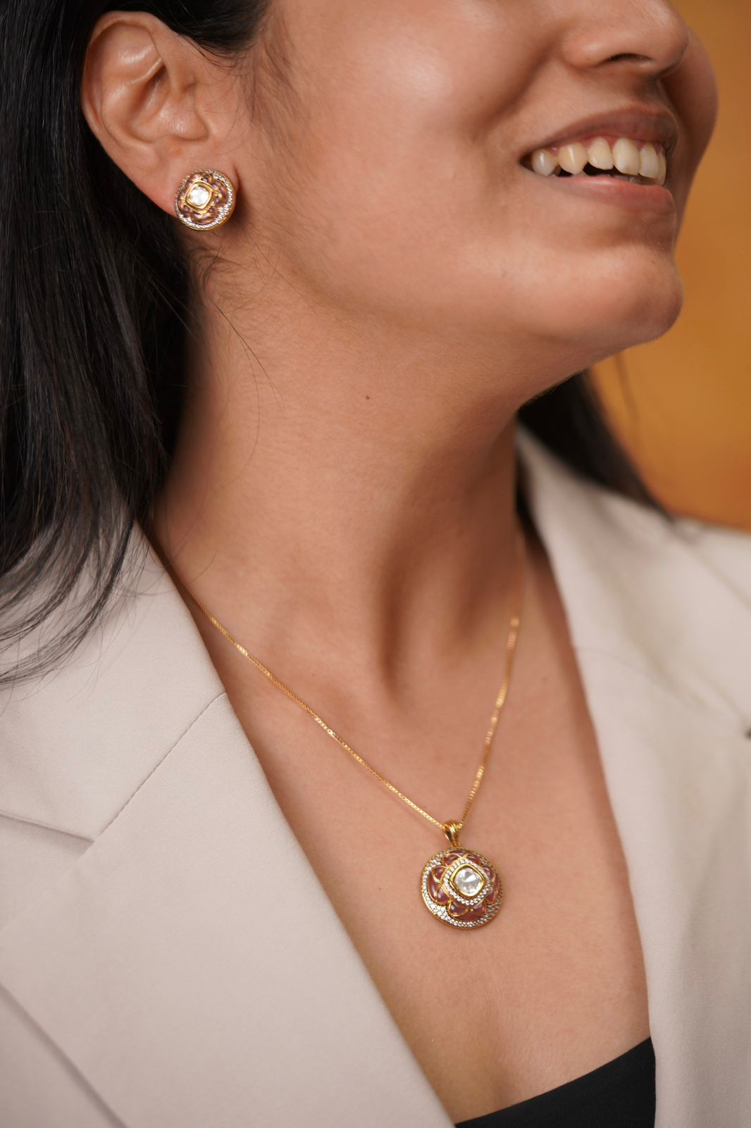 Tarla Moissanite Polki Floral Meenakari Uncut Diamond Pendant Set
