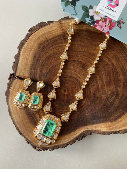 Jamuna Moissanite Polki Pendant Necklace Set With Earrings