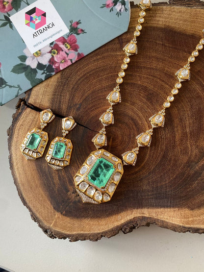 Jamuna Moissanite Polki Pendant Necklace Set With Earrings