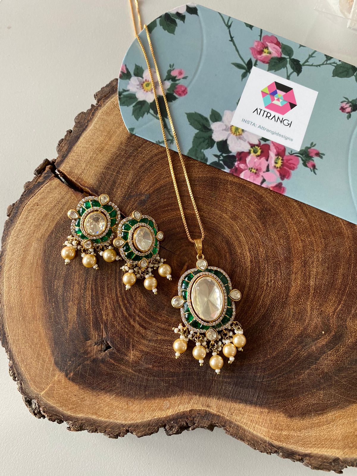 Pratima Polki Moissanite Epoxy Meena Indian Pendant Set