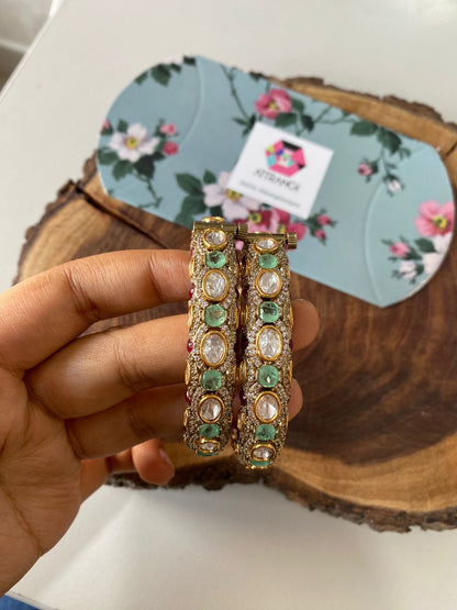Abhilasha Uncut Diamond Ruby Mint Polki Moissanite Bangle Set| Openable