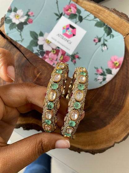 Abhilasha Uncut Diamond Ruby Mint Polki Moissanite Bangle Set| Openable